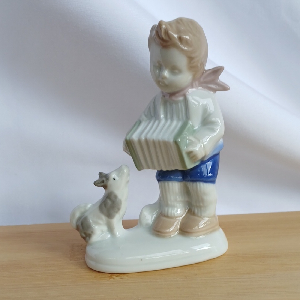 Vintage Porcelain Boy Figurine with Accordion and Dog 4"Ht